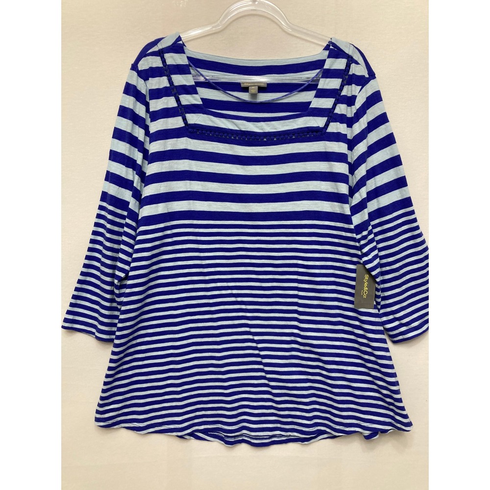 New Style & Co Striped Top 3X Blue Square Neck Casual 3/4 Sleeve Stretch Knit